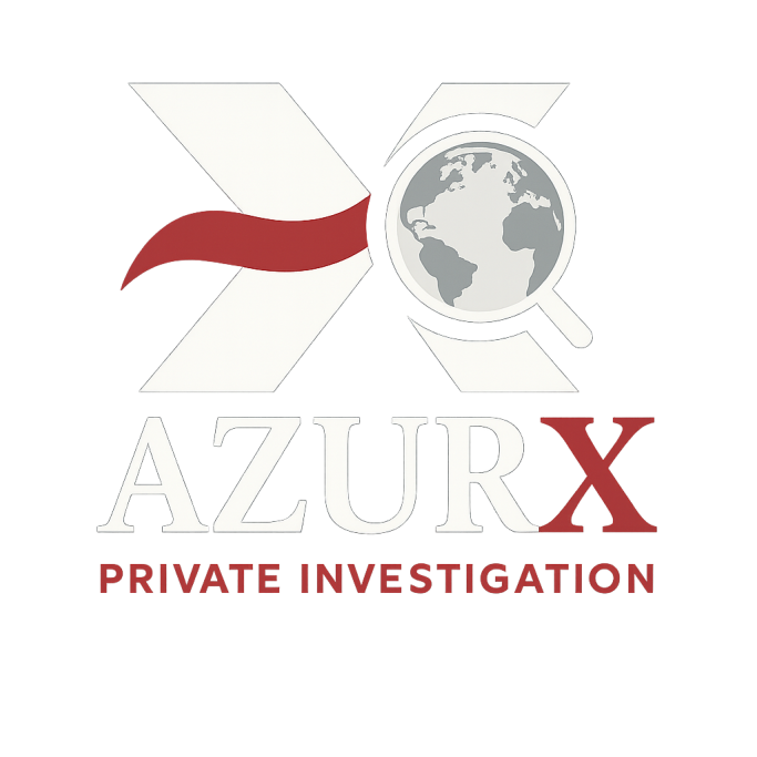 Logo d'AzurX, enquête privée, avec un globe stylisé et un drapeau rouge.
