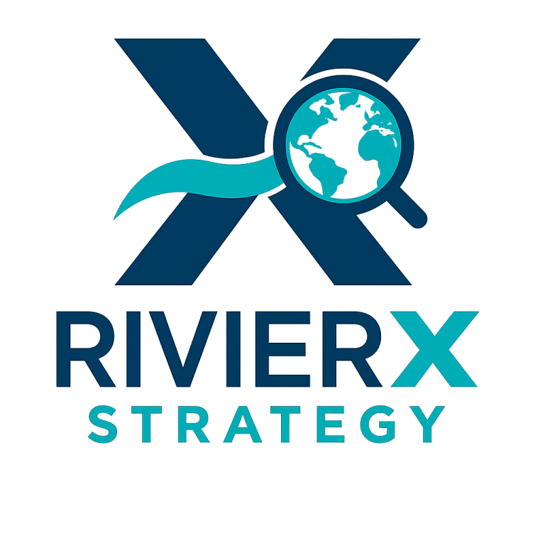 Logo de RivierX Strategy, représentant une lettre "X" avec une loupe et un globe.