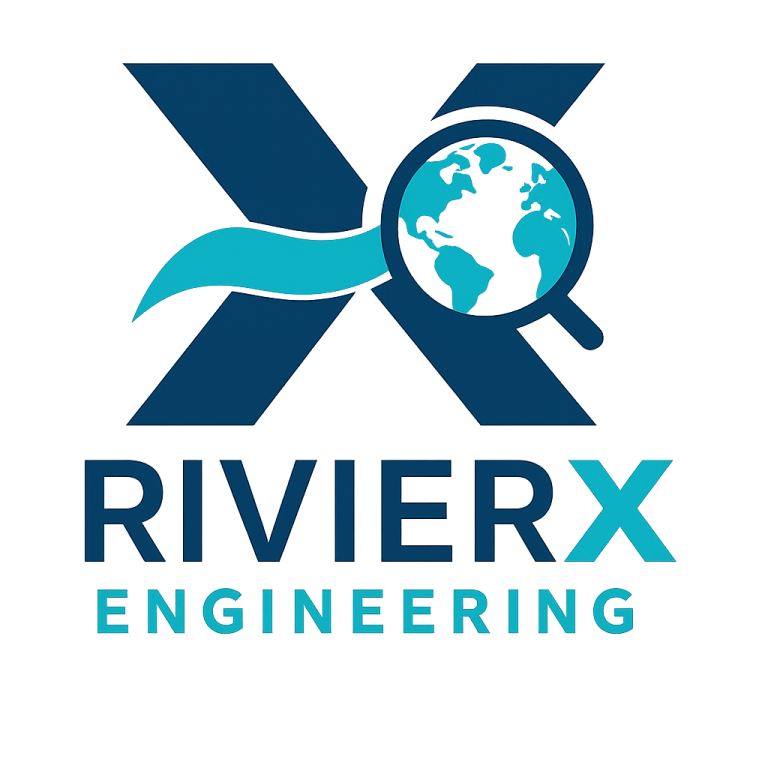 Logo de RivierX Engineering avec une loupe sur un globe terrestre.