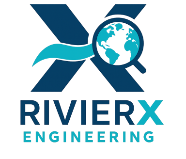Logo de RivierX Engineering avec un X stylisé et une loupe sur un globe terrestre.