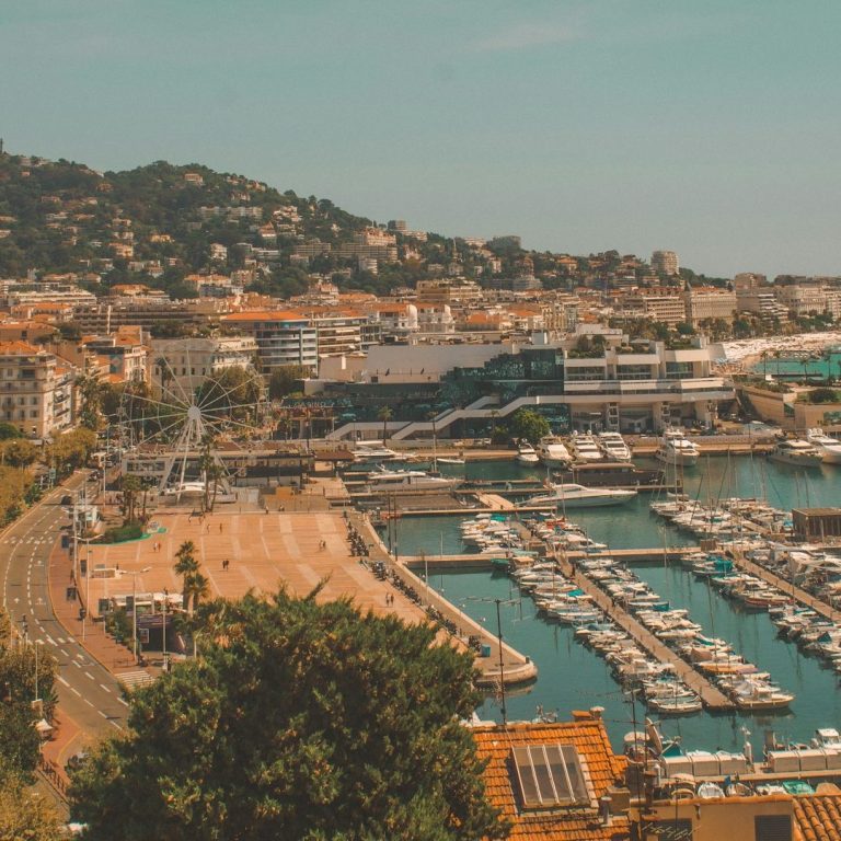 Vue panoramique du port avec yachts et collines en arrière-plan à Cannes.