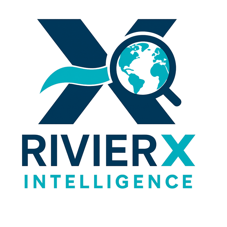 Logo de RivierX Intelligence avec un globe terrestre et une loupe.