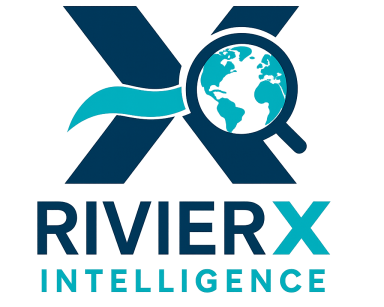 Logo de RivierX Intelligence avec une loupe sur un globe terrestre.