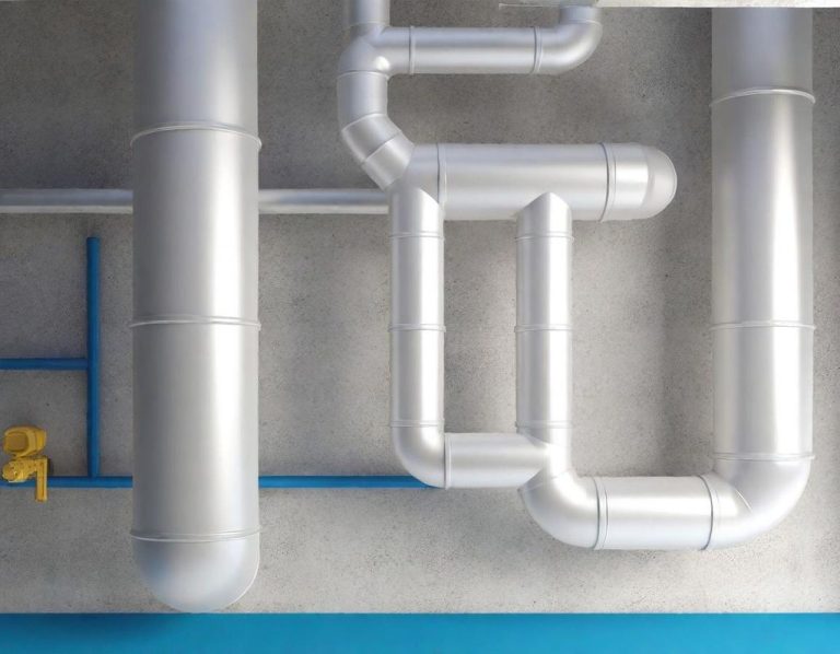 Pipes en métal argenté sur un fond gris, avec des éléments bleus et jaunes.